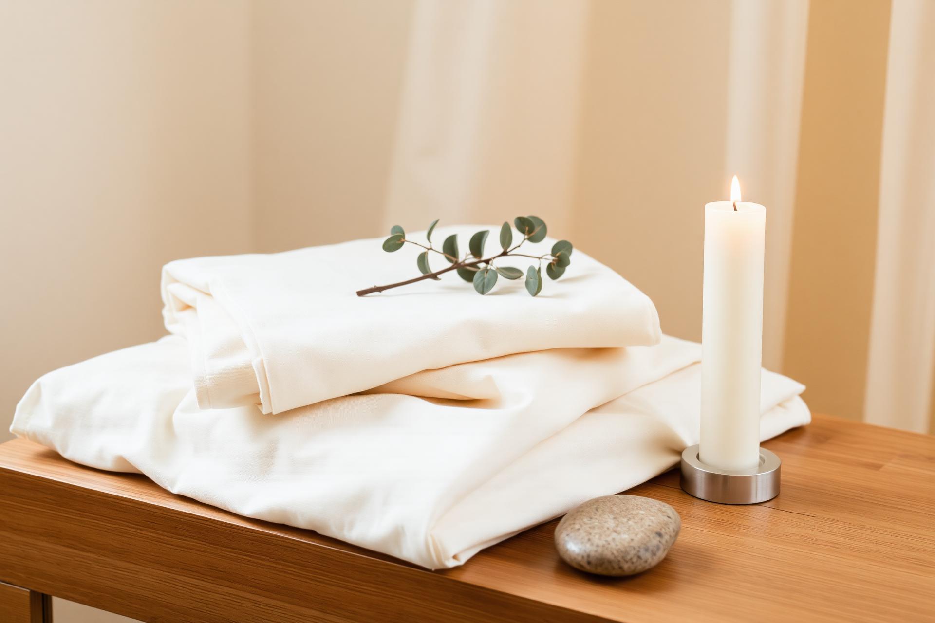 Folded linen sheets, a candle and eucalyptus in warm light