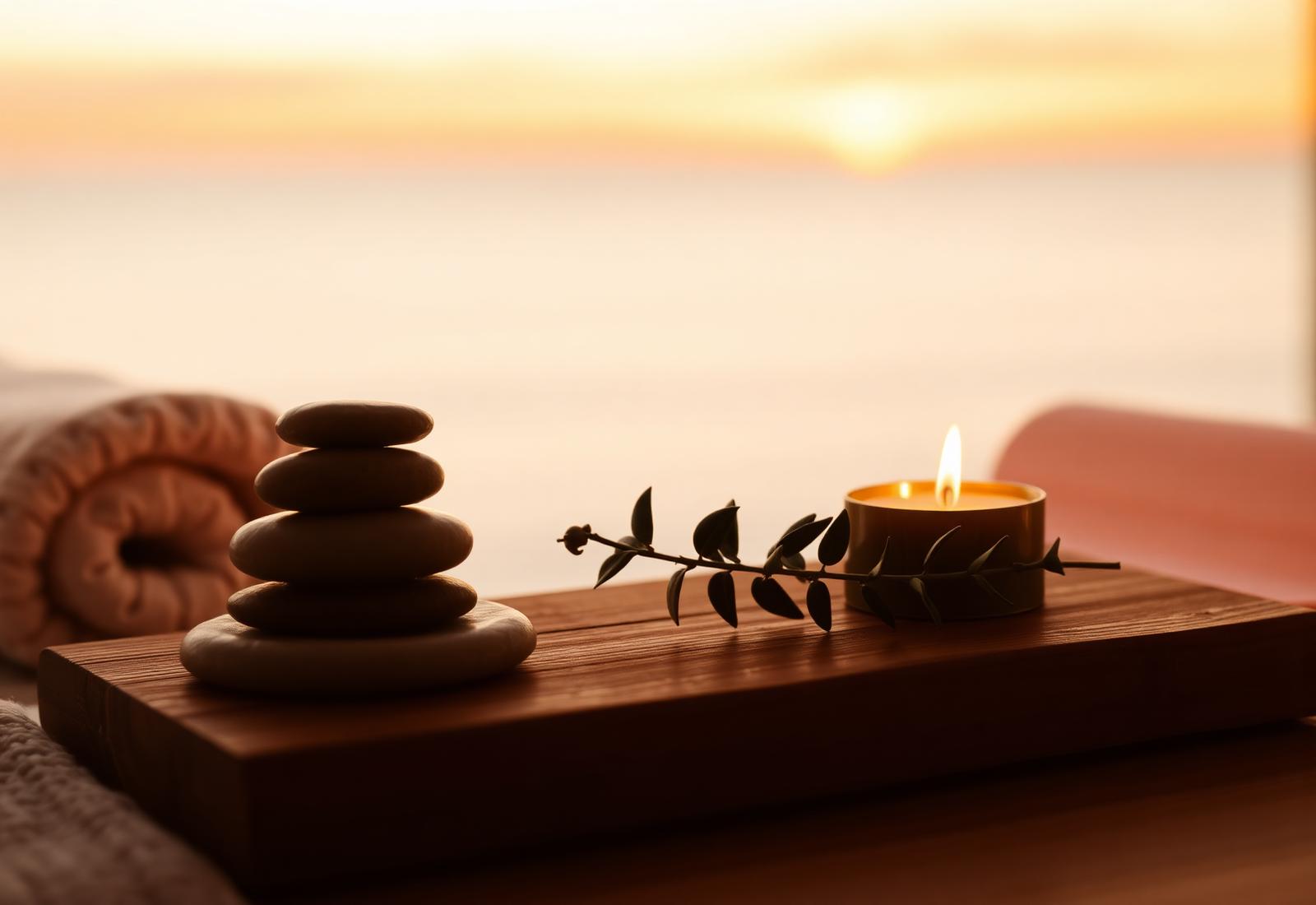 Stacked stones and a candle at golden hour